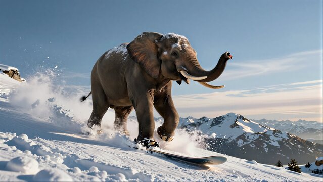Snow elephant snowboards down mountain, majestic and whimsical against snowy peaks.