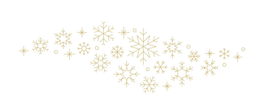 Gold Snow Flake Vector Pattern. Winter Ornament with Snowflakes and Stars. Golden Holiday Background for Christmas Decor, Xmas Card Borders and New Year's Decoration.