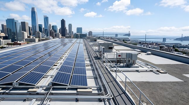 Modern rooftop solar panels on urban building overlooking a metropolitan city skyline, representing renewable green energy and sustainable infrastructure.