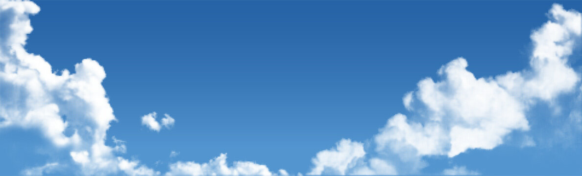 Halftone Cloud on Blue Gradient Sky. Vector Retro Dot Pop Art Pattern. Abstract White Half Tone Dotted Effect Clouds. Summer Sky Manga Book. Anime Pixel Background.