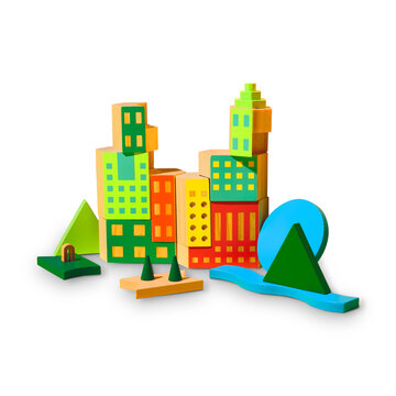 wooden toy blocks, toy skyline, building blocks, miniature city, colorful blocks, wooden buildings, toy skyscrapers, educational toy, kids play, urban planning concept, isolated white background, crea