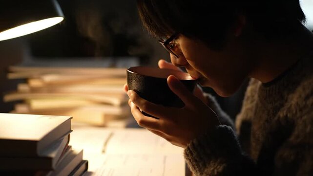 Young Man Drinking Hot Soup While Studying Late at Desk. 4K Video