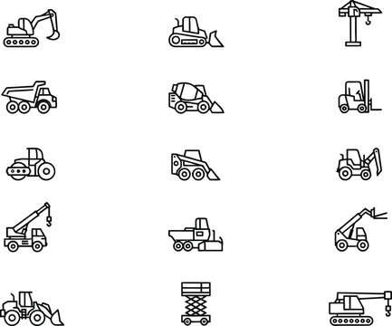 Collection of various construction equipment icons with transparent background