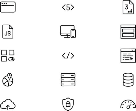Set of minimalist icons representing various technology and development concepts