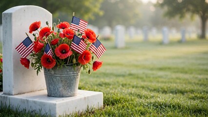 Fototapeta premium A grave adorned with red poppies and American flags, honoring veterans on Memorial Day with a patriotic tribute