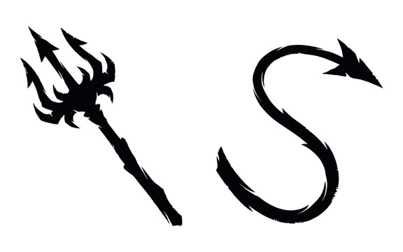 Spooky halloween elements a devil's pitchfork and tail in dark dramatic silhouette