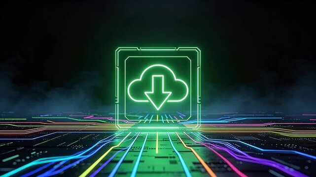 Neon green square frame with cloud and download arrow surrounded by colorful circuit lines