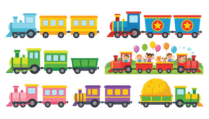 Cute cartoon toy train vector set with colorful locomotives passenger wagons circus cars and happy children riding, 17 words. © moinul