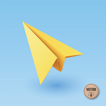 Yellow Paper Airplane Vector Illustration. 3d Paper Plane Icon. Origami Paper Airplane Illustration on Blue Background for Send Message, Email, Delivery, Startup, Communication and App Design