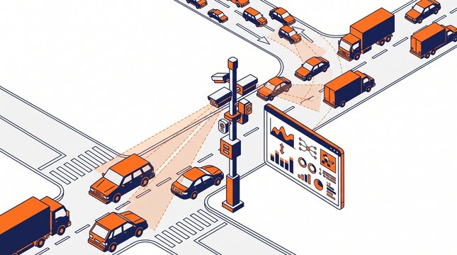 Smart Traffic Camera System Scanning Vehicles at Intersection with AI Analytics Dashboard Isometric Illustration