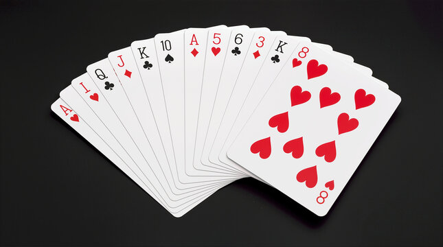 Fanned Deck of Playing Cards Featuring Eight of Hearts on Black Background for Poker, Casino, and Board Game Concepts