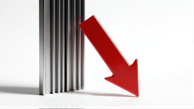 Red arrow points down, symbolizing decline against a row of silver bars.