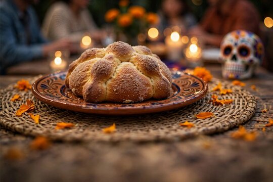 Traditional sugar skull bread for D&iacute;a de los Muertos, adorned with colorful icing, representing the holiday's rich cultural heritage