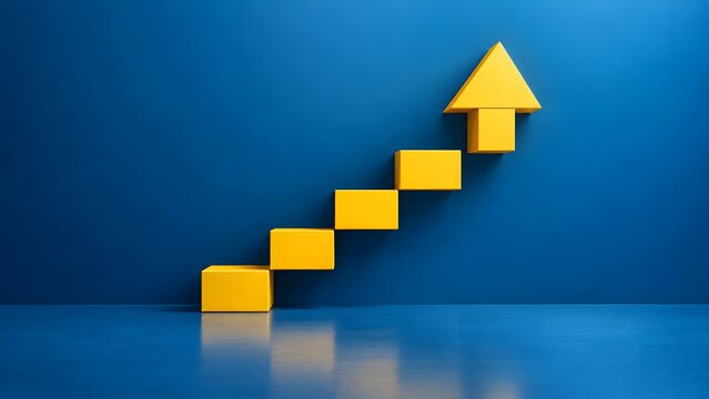 Upward yellow stair steps forming an arrow on blue background representing business growth career progression and financial success strategy