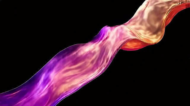 Abstract fluid shape with purple pink and gold glossy curves on black background