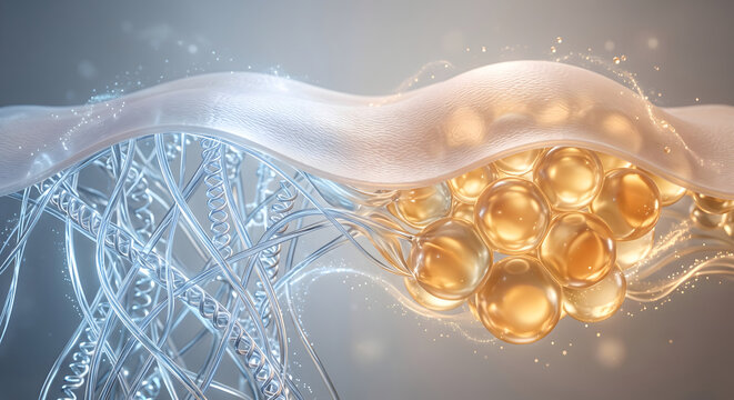 3D render of skin structure showing blue collagen fiber network and golden ceramide lipid cells