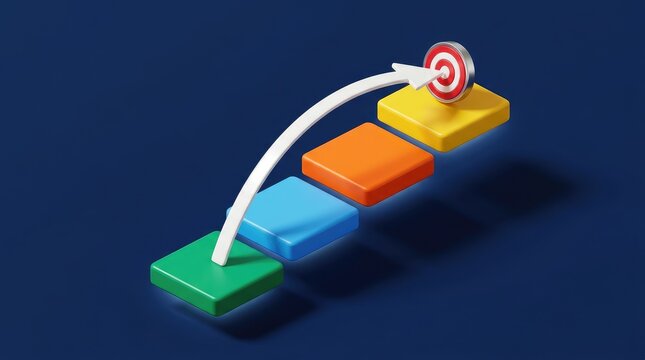 Shiny white arrow leaping over colorful 3d steps to hit a red bullseye target icon graphic