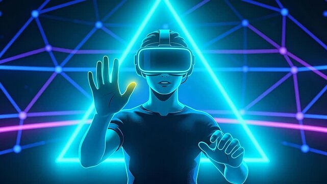 Person wearing virtual reality headset interacting with neon polygonal grid