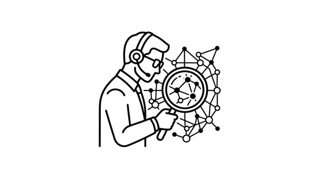 Technical analyst examining network nodes with headset