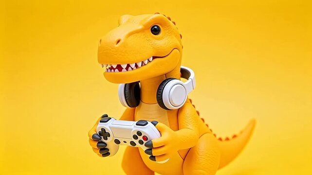 Yellow cartoon dinosaur toy wearing headphones and holding game controller on yellow background