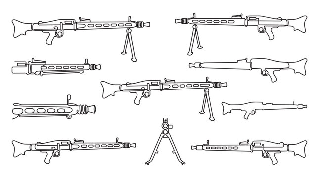 MG42 machine gun continuous line vector clipart set featuring minimalist military firearm silhouettes in black and white.