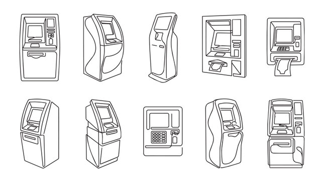 Minimalist continuous one-line vector illustration set of atm machine cash dispenser and banking terminal isolated on white background