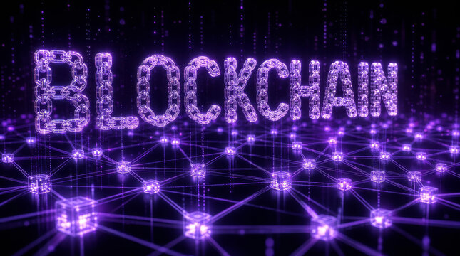 Glowing BLOCKCHAIN text made of chain links with network nodes