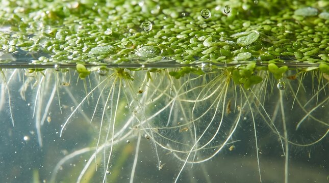 Common duckweed plant roots hanging in clear water with floating green leaves and bubbles.