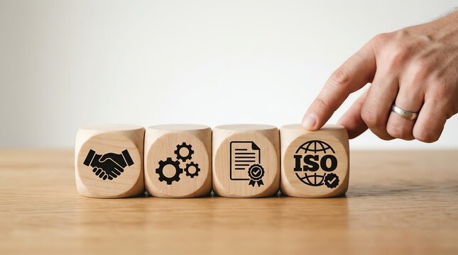 Hand placing wooden ISO cube, symbolizing commitment to international quality standards, certification, and robust business management systems for excellence