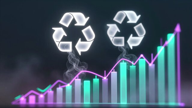 Recycling growth chart with glowing arrows and rising bars against a dark background.