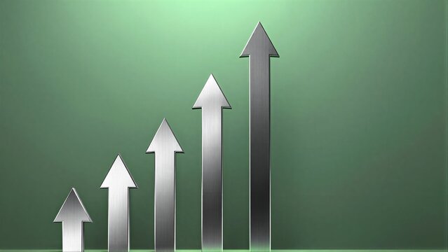 Metal arrows ascending in size, symbolizing growth and progress against a green backdrop.