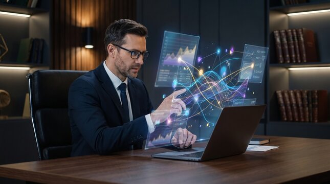 Corporate analyst interacting with glowing financial charts multi-layered floating analytics graphs and data connectivity network from desk
