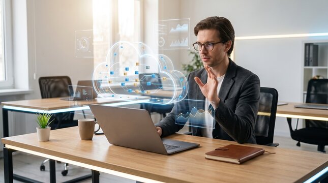 Businessman interacting with cloud computing hologram interface and analytics dashboard using laptop in modern office