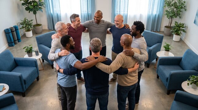 Diverse group of men in a circle showing unity and support