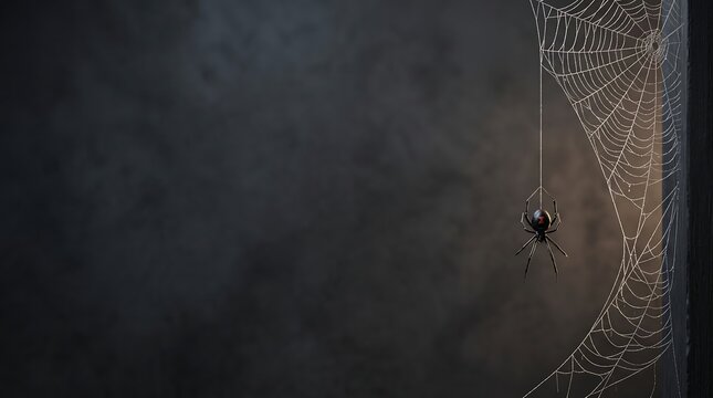 Venomous black widow spider hangs from single silk thread near delicate web against dark background.