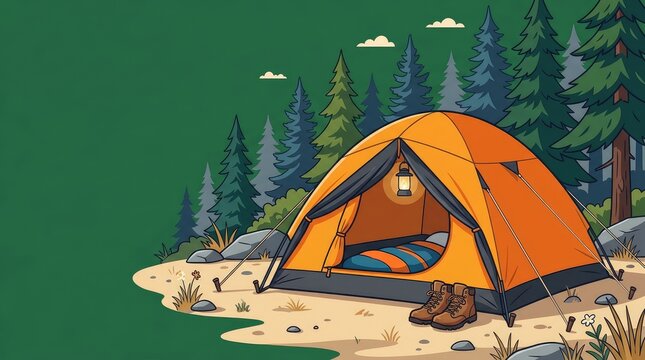 Bright orange camping tent sits comfortably within a dense pine forest during a peaceful summer evening