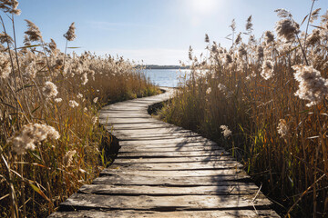 Obraz premium Wooden boardwalk through golden reed marshland toward open water