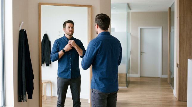 Man buttoning up blue shirt in front of a mirror getting ready