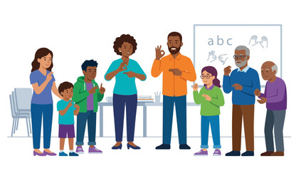 Fototapeta premium Diverse group learning sign language alphabet, communication, education, inclusivity