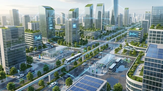 Modern sustainable smart city featuring green high-rise buildings, electric public transportation, solar energy, smart infrastructure and connected urban technology.