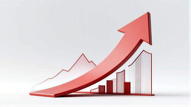 Red arrow soaring above bar graph, symbolizing growth and upward trend.