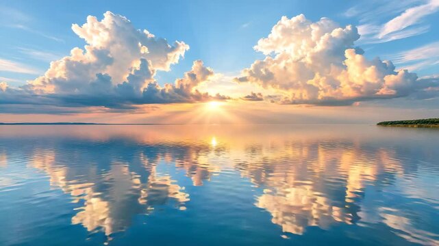 Pale Clouds Reflecting On Calm Lake Water
