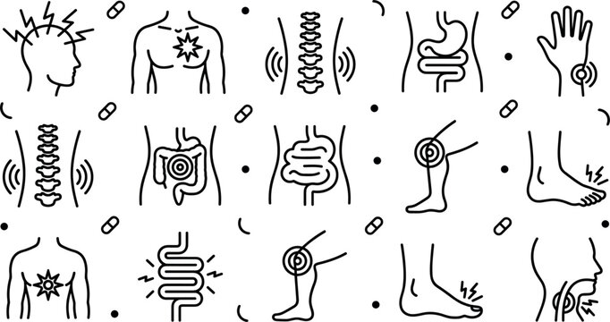 Medical pain symptom icon vector set featuring minimalist line art outlines of headache chest pain spine ache stomach cramp joint inflammation and throat soreness