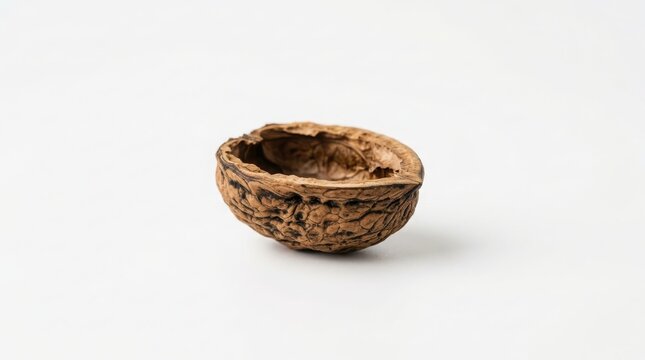 Empty brown walnut shell half isolated on a white background with brown nut raw ingredient organic food isolated object rustic food dried nut shell fragment textured surface brown materia