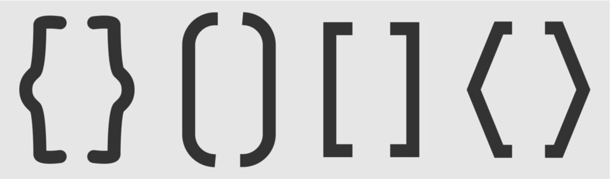 Set of bracket symbols including curly braces, parentheses, square brackets, and angle brackets for coding and typography design.