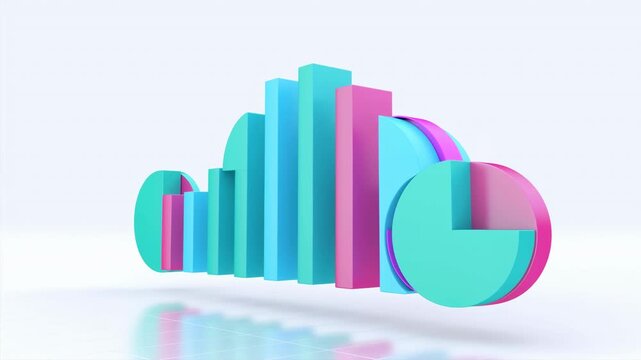 Colorful three-dimensional bar chart and circular graphs assemble across a bright reflective surface, forming a clean turquoise and pink data visualization display