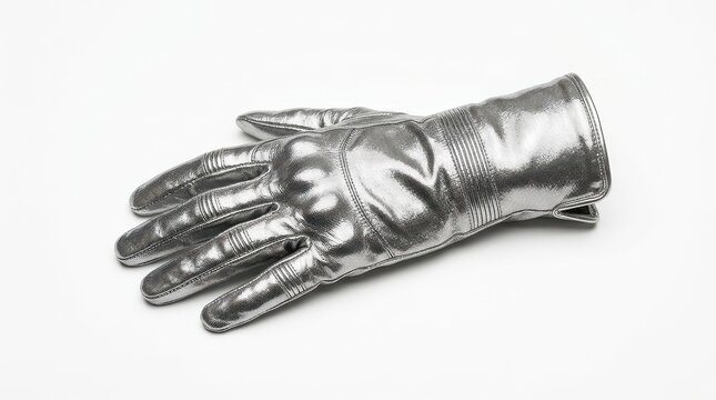 Metallic silver astronaut glove, futuristic space suit hand gear, shiny chrome protective gauntlet on white background