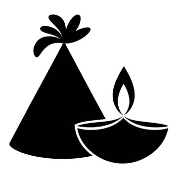 Minimalist black silhouette icon of a burning diya lamp and anar firework representing the festival of lights