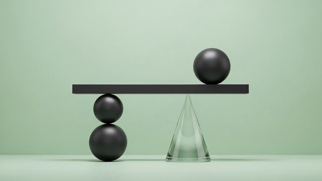 Balance concept with black spheres and seesaw representing stability and equality