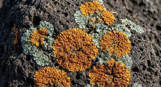 Extreme macro photograph of orange and sage-green crustose lichen growing on dark volcanic basalt rock, detailed organic texture and natural raking light in outdoors nature frame
